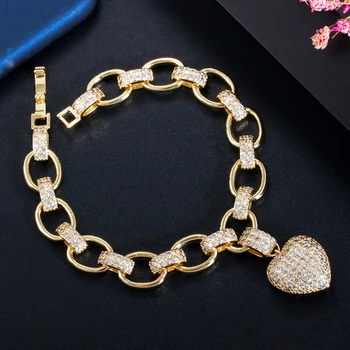 BeaQueen Luksus Designer Fuld Cubic Zirconia Banet Kærlighed Hjerte Passer Perler Armbånd til Kvinder Gul Guld Farve Smykker B179