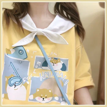 Japansk Akita Style Pige Søde Tegneserie Shiba Inu Print Bue Matros Krave, Kort Ærme T-shirt, Kawaii Lolita-Shirts Toppe T-shirts