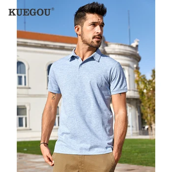 KUEGOU 2020 Sommer Bomuld Solid Blå Polo Shirt Mænd Mode Korte Ærmer Slim Fit Poloshirt Mandlige Afslappet Tøj Mærke Toppen 447