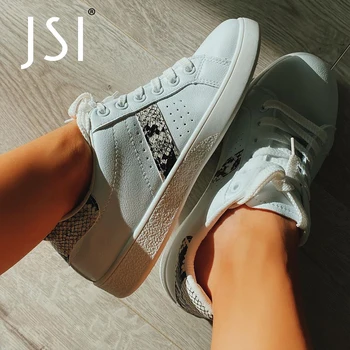 JSI 2021 Nye Hvide Sko Sneaker Lejligheder Mode Design Snake Mønster Fritid Behagelig Rund Tå Kvinders Små Håndlavede Lejligheder