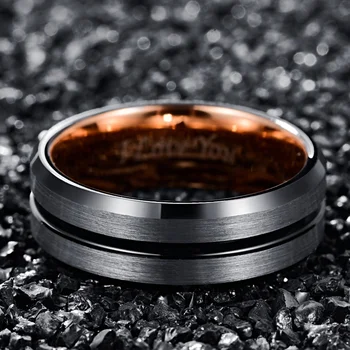 8mm Tungsten Ring, Galvaniseret RoseGold Indre Ring+ Sort Facet Groove/stål, Matteret Overflade Wolfram Stål Ring