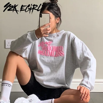 Y2K EGIRL Mode Oversize langærmet Crewneck Sweatshirts 90'erne Mode Brev Udskrivning Toppe Grå Vintage Efteråret Casual Outfits