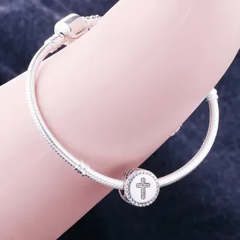 Engros-Pris Passer Charme armbånd Armbånd Ægte 925 Sterling Sølv Tro Cross Charm Perler For Kvinder DIY Smykker Mærkning