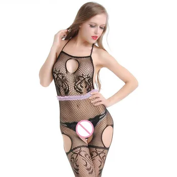 Bamser & Bodyer kvinder sort dobby Slynge backless sexet undertøj full body strømper åben skridt slange sexet undertøj kostumer