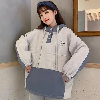 Hættetrøjer Kvinder Hooded Patchwork Studerende Løs Stor Lomme Alle-match Vinter Tyk Enkel Nye koreanske Harajuku Streetwear Pullover