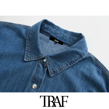 TRAF Kvinder Mode Med Lommer Oversize Denim Bluser Vintage Lange Ærmer Snap-knappen Løs Kvindelige Skjorter Smarte Toppe