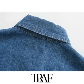 TRAF Kvinder Mode Med Lommer Oversize Denim Bluser Vintage Lange Ærmer Snap-knappen Løs Kvindelige Skjorter Smarte Toppe