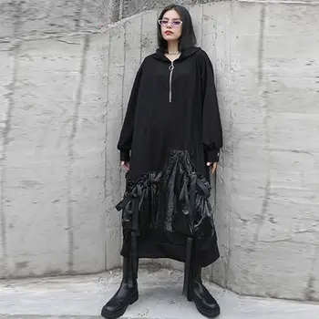 XITAO Tidevandet Plus Size Patchwork Lomme Kjole Sort Kvinder Tøj 2020 Efteråret Nye Mode Hooded Krave Elegant Kjole Top ZP3512