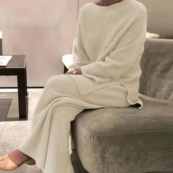 Efteråret Casual Strik Homewear Kvinder To delt Sæt en Elegant Blød O-Hals Top Og Løse Bukser Passer til Damer Solid Pyjamas Træningsdragt 3XL