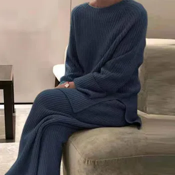 Efteråret Casual Strik Homewear Kvinder To delt Sæt en Elegant Blød O-Hals Top Og Løse Bukser Passer til Damer Solid Pyjamas Træningsdragt 3XL