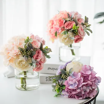Ny Rose Hydrangea Kunstig Blomst Hybrid Buket Silke Blomster til Hjemmet Udsmykning Holde Bryllup Buketter af Falske Blomster
