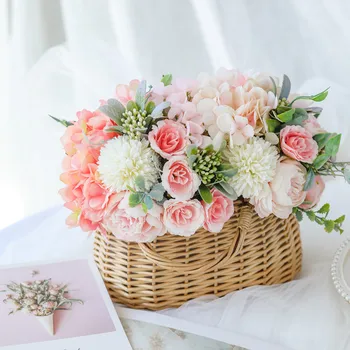 Ny Rose Hydrangea Kunstig Blomst Hybrid Buket Silke Blomster til Hjemmet Udsmykning Holde Bryllup Buketter af Falske Blomster