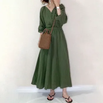 Casual Høj Talje For En Linje Kjole Grøn Kvinder 2020 Efteråret Korea Japan Kvindelige Lange Maxi-Kjoler, Robe Femme Vestiods Simpel Måde