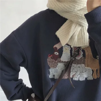 Kawaii Tegnefilm Dyr Broderi Overdimensionerede Pullover Med Lange Ærmer Varme Hættetrøjer Vintage Sweatshirts Vinter Udendørs Kvinder Hættetrøjer