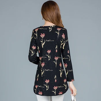 2019 Grundlæggende Skjorter Bluser Lang Design-O-Hals Top Kvinder Mode langærmet Kontor Dame Blomster Printet Tunika Bluse 3XL 4XL J503