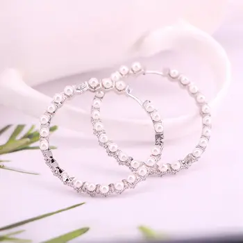 3Pairs, Nye Mode, Guld /Sølv Farve kvinder smykker hvid perle bead cz zircon cirkel hoop øreringe Charme