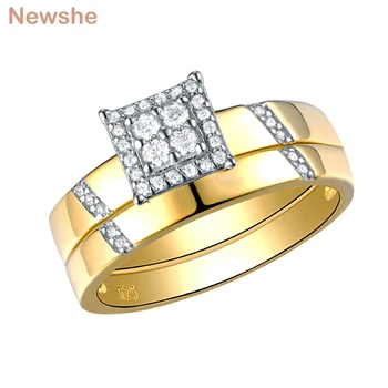 Newshe 2 Stk Gule Guld Farve vielsesringe For Kvinder 925 Sterling Sølv Klassiske Smykker AAA CZ Engagement Ring Brude-Sæt