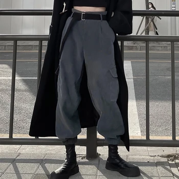 HEYounGIRL Harajuku Afslappede haremsbukser Capri med bælte, Lomme Grå Punk Høj Talje Bukser Kvinder Streetwear Mode Løbere