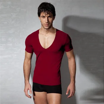 Sommer Fashion Elasticitet Sexede Mænd Deep V Hals T Shirt Tee Silm Shirts Trænings-Og Cool Top Tøj Undertrøje