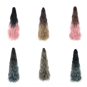 Klo på Hestehale Farverige Ombre Syntetiske Kvinder Klip i Hair Extensions Bølget og Krøllet Stil Pony Hale Paryk Blå Pink Frisure
