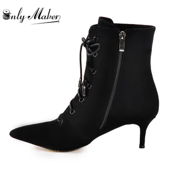 Onlymaker Kvinders Killing Lave Hæle Patent Læder Ankle Boot Spids Tå Lace Up Støvletter til Komfortable Walking Stor Størrelse 5-46