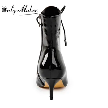 Onlymaker Kvinders Killing Lave Hæle Patent Læder Ankle Boot Spids Tå Lace Up Støvletter til Komfortable Walking Stor Størrelse 5-46