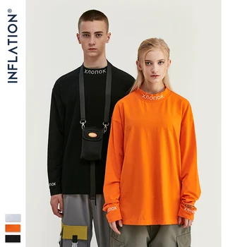 INFLATIONEN langærmet T-shirt Streetwear Stå Krave Retro T-shirt Pullover Mænd Kvinder i Hip Hop Orange Emboridery Tshirt 8702W