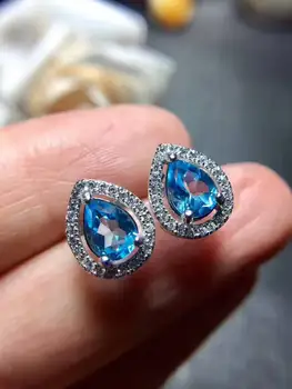 Mode på en naturlig blå topas stud øreringe Naturlige perle sten øreringe Små vanddråber 925 sølv kvindelige øreringe smykker gave