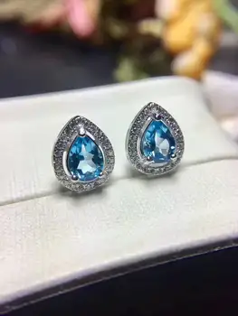 Mode på en naturlig blå topas stud øreringe Naturlige perle sten øreringe Små vanddråber 925 sølv kvindelige øreringe smykker gave