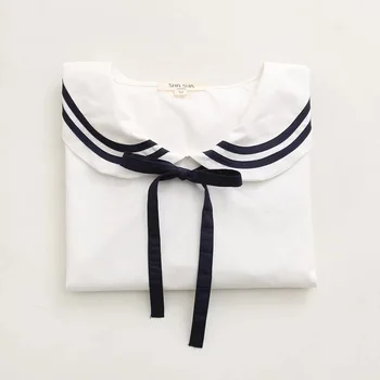 Foråret Efteråret Bomuld Skjorter Kvinder Japan Style Søde Matros Krave Drop Skulder Bow Lace-up Løse Bluser for Studerende 2020