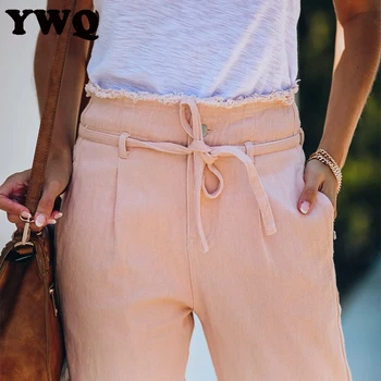 Høj Talje Jeans Kvinder Pink Lige Bukser Stablet Denim Bukser Med Slips, Bælte Mode Nye Officielle Kvindelige Fuld Længde Bukser