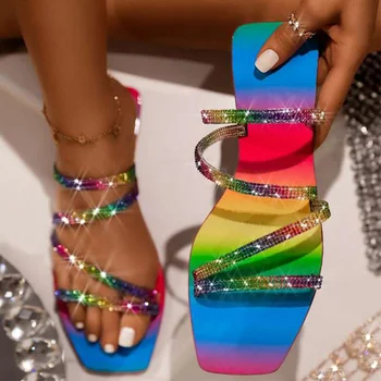 Kvinders Tøfler Rhinestones Sandaler Damer Bling Rainbow Casual Flade Sko Kvindelige Dias Klip-Klappere Sommer Strand Sandalias 2020