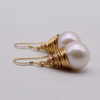 Pære, perle øreringe, naturlige hvide runde perler, DIY metal, guld, øreringe, mine damer øreringe, engagement smykker