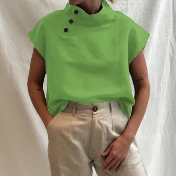 Kvinder Casual Ensfarvet Bomuld Bluse Shirts Elegante Kortærmet Pullover Toppe Damer Plus Size Løs Streetwear Blusa