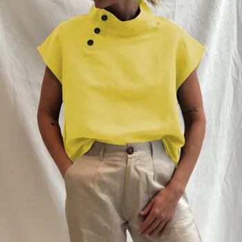 Kvinder Casual Ensfarvet Bomuld Bluse Shirts Elegante Kortærmet Pullover Toppe Damer Plus Size Løs Streetwear Blusa