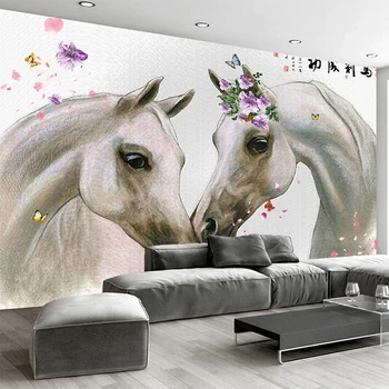 Moderne Enkelt Foto Vægmaleri 3D Hånd Malet Hvid Hest Par Tapet Stue, Soveværelse Kreative Home Decor tapeter