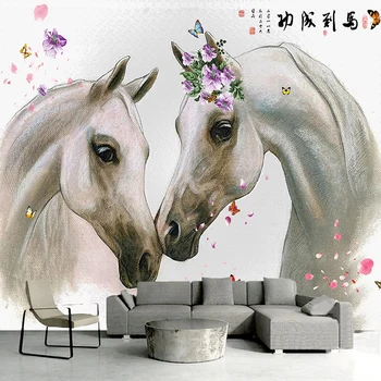 Moderne Enkelt Foto Vægmaleri 3D Hånd Malet Hvid Hest Par Tapet Stue, Soveværelse Kreative Home Decor tapeter