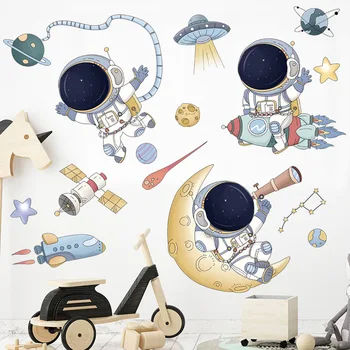 Tegnefilm Rumskib Wall Sticker til Børn værelser Børnehave Astronaut UFO Wall Decor Vinyl DIY vægoverføringsbilleder Art Kalkmalerier Hjem Dekoration