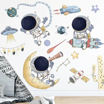 Tegnefilm Rumskib Wall Sticker til Børn værelser Børnehave Astronaut UFO Wall Decor Vinyl DIY vægoverføringsbilleder Art Kalkmalerier Hjem Dekoration
