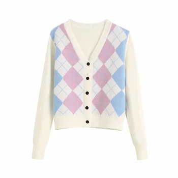 2020 Kvinder England Style Argyle Kontrast Farver Cardigans Vintage Single Breasted V-Hals Sweater Kvindelige Smarte Trøjer