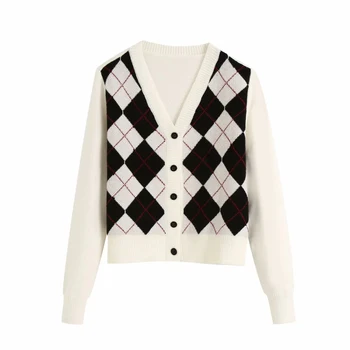 2020 Kvinder England Style Argyle Kontrast Farver Cardigans Vintage Single Breasted V-Hals Sweater Kvindelige Smarte Trøjer