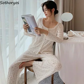 Efteråret Pyjamas Sæt Kvinder Blonde Sexede Kvindelige Pyjamas Blomster Trykt Ins Korean Style Sweet Home Wear Friske Dejlige To Stykker Løs