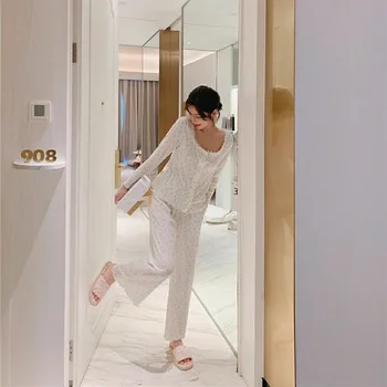 Efteråret Pyjamas Sæt Kvinder Blonde Sexede Kvindelige Pyjamas Blomster Trykt Ins Korean Style Sweet Home Wear Friske Dejlige To Stykker Løs