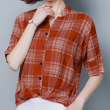 Nye koreanske Bomuld og Linned Korte Ærmer Sort Rød Og Abrikos Plaid Shirt Dame 2021 Plus Size Casual Løs Kvinder Bluse 4677 50