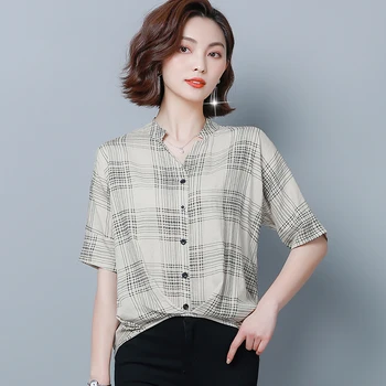 Nye koreanske Bomuld og Linned Korte Ærmer Sort Rød Og Abrikos Plaid Shirt Dame 2021 Plus Size Casual Løs Kvinder Bluse 4677 50