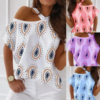 Fashion Kvinder kortærmet Halterneck Kolde Skulder Paisley Print T-shirt, Bluse Top Kvinder Korte Ærmer Print T-shirt, Bluse Top Top