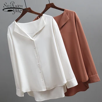 2021 Mode langærmet Chiffon Blouse Kvinder Brun Hvid Shirts, tunika styles til Kvinder Office Style Silke Skjorte Kvinde Bluse 5104 50