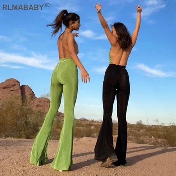 Mode Vintage Casual Flare Pants 2021 Forår, Sommer, Elegante Kvinder, Slank Høj Talje Bukser High Street Kvindelige Sexet Grønne Bukser