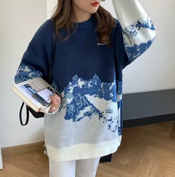 2021 Harajuku Japan Snow Mountain Trykt Løs Kvinder Sweater koreansk Mode Damer Oversize Sweater Strikket Retro Toppe