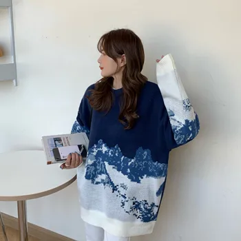 2021 Harajuku Japan Snow Mountain Trykt Løs Kvinder Sweater koreansk Mode Damer Oversize Sweater Strikket Retro Toppe